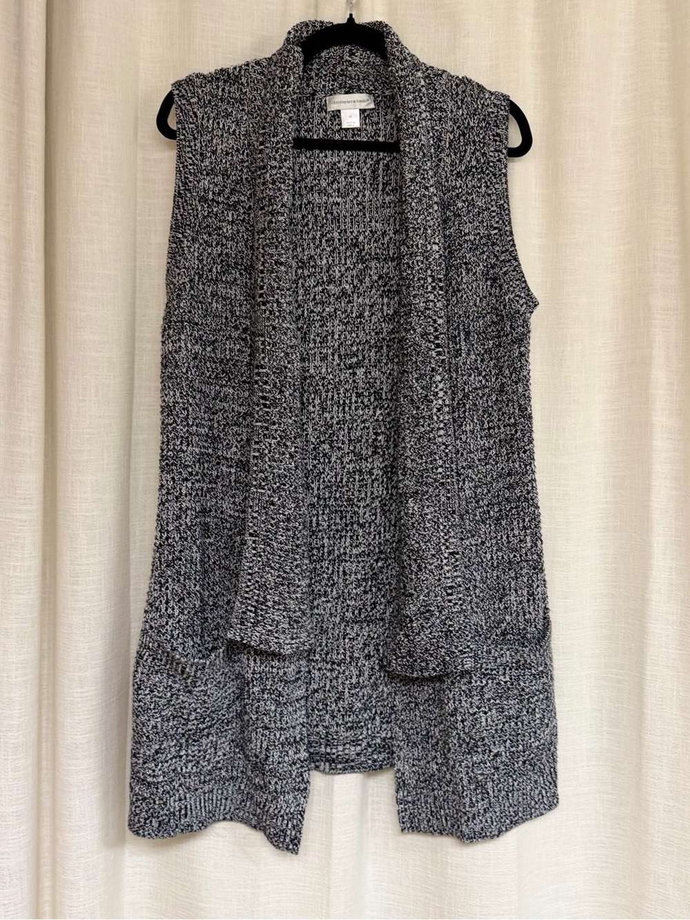 Christopher & Banks Marled Black and White Sleeveless Open-Front Cardigan